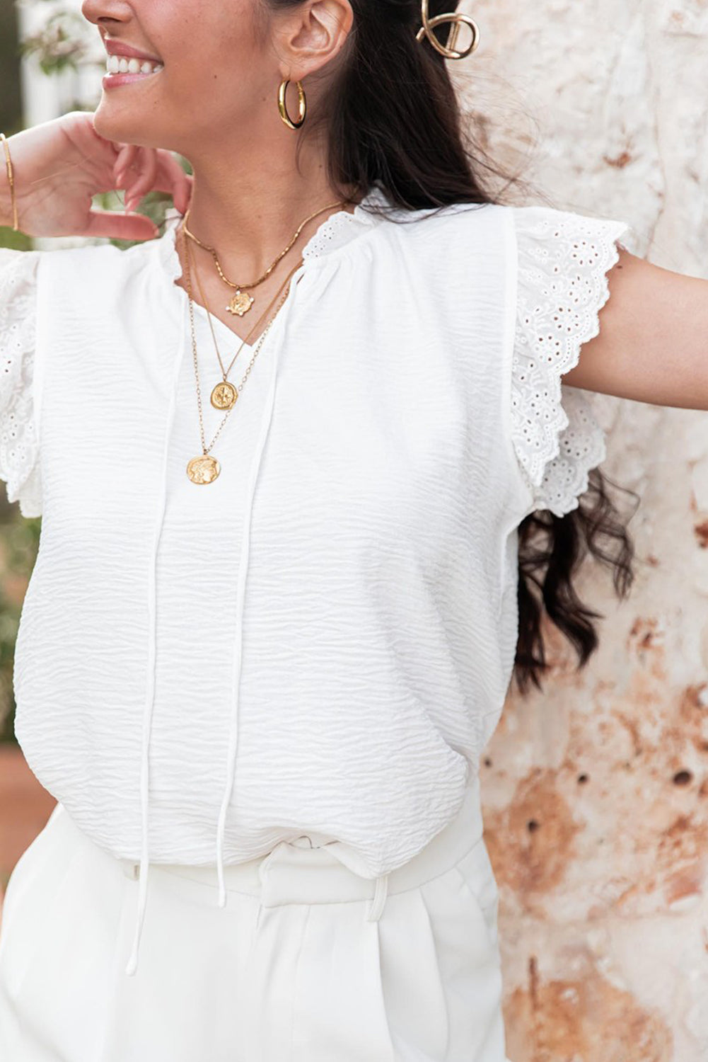 White Embroidered Ruffle Trim Textured Blouse