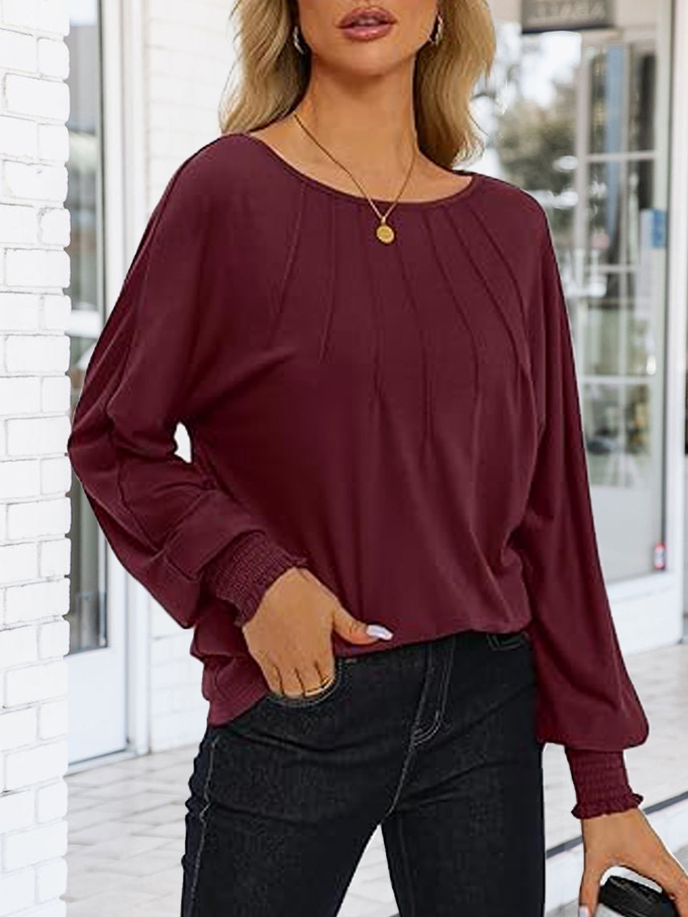 Women's Tunic Tops Pleated Crew Neck Shirts