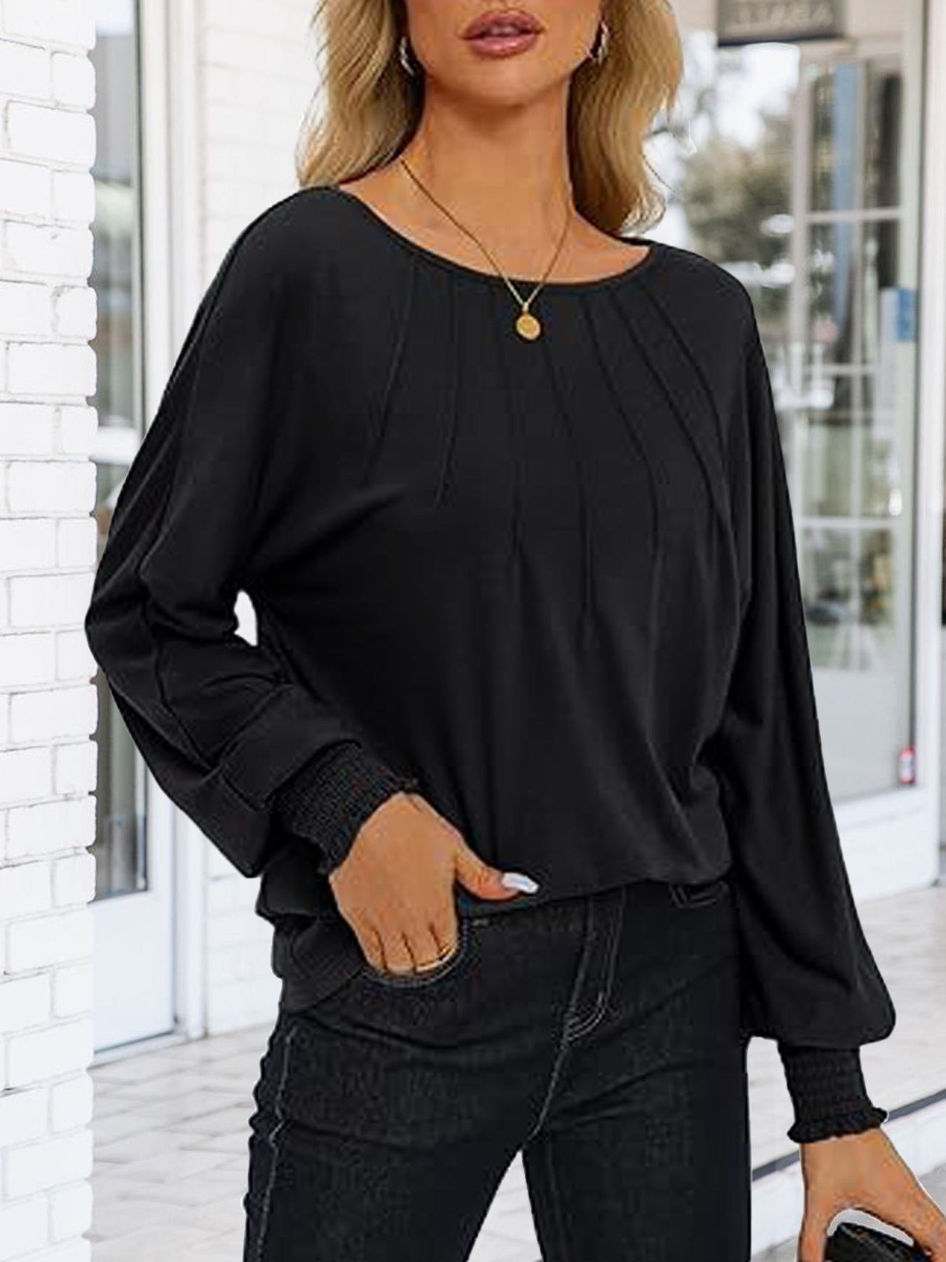 Women's Tunic Tops Pleated Crew Neck Shirts