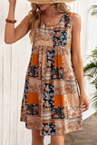 Orange Retro Floral Patchwork Print Sleeveless Mini Dress