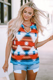 Fiery Red Aztec Geometric Print Hollowed Neckline Tank Top