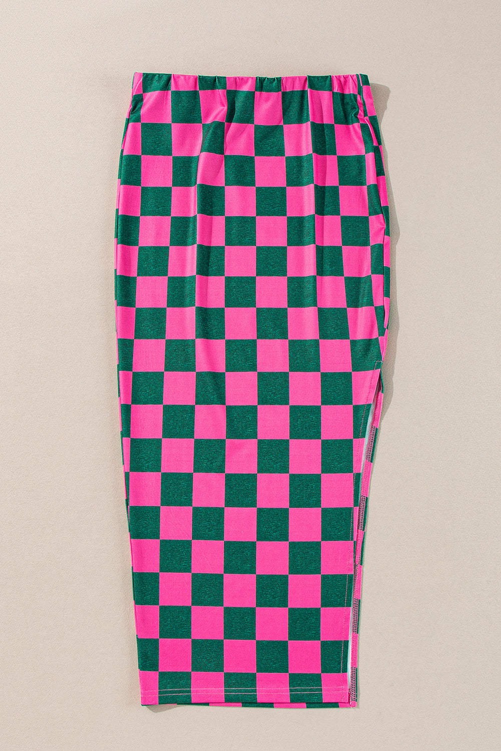 Rose Checkered Print Side Slit High Waist Midi Skirt