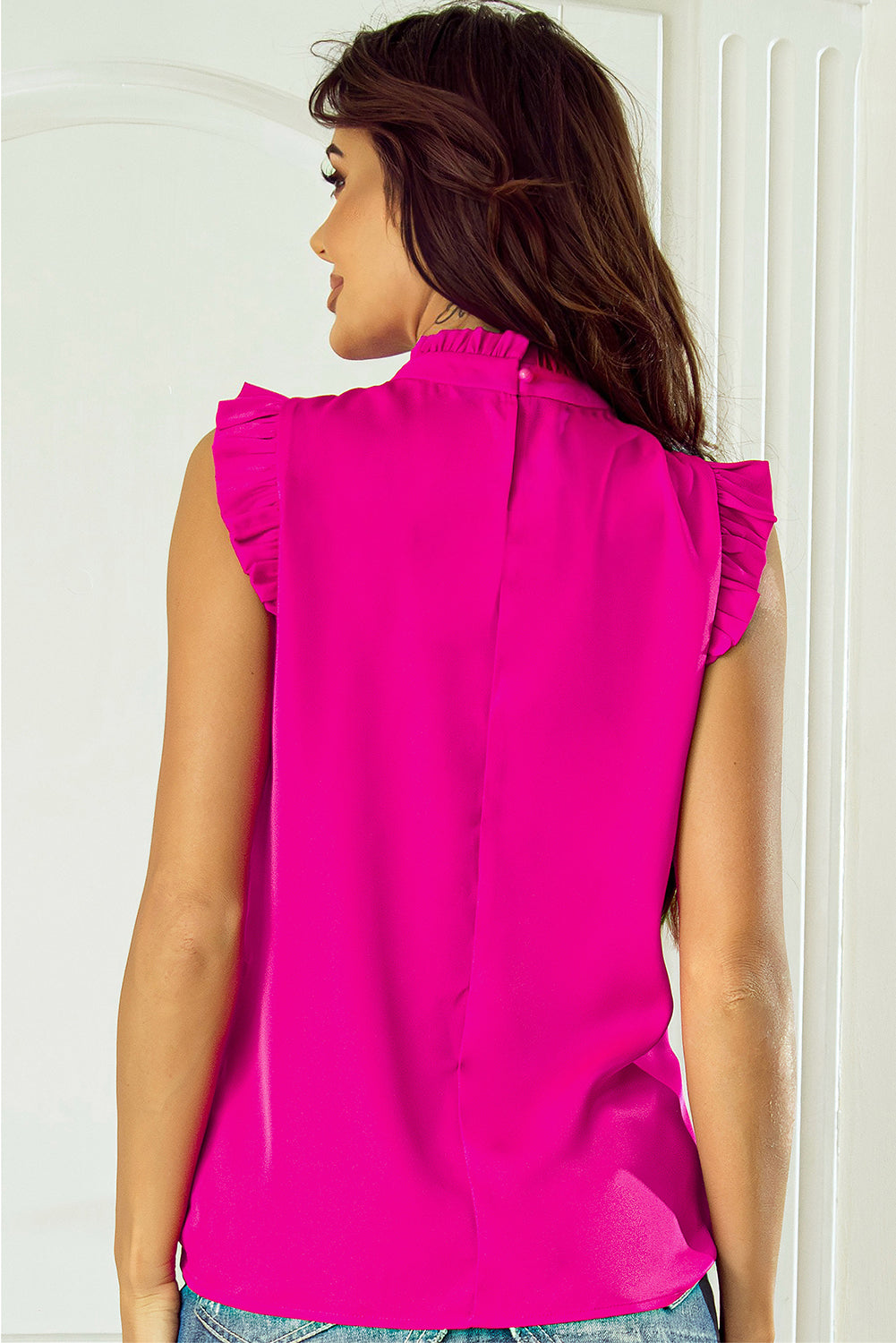 Bright Pink Pleated Mock Neck Frilled Trim Sleeveless Top