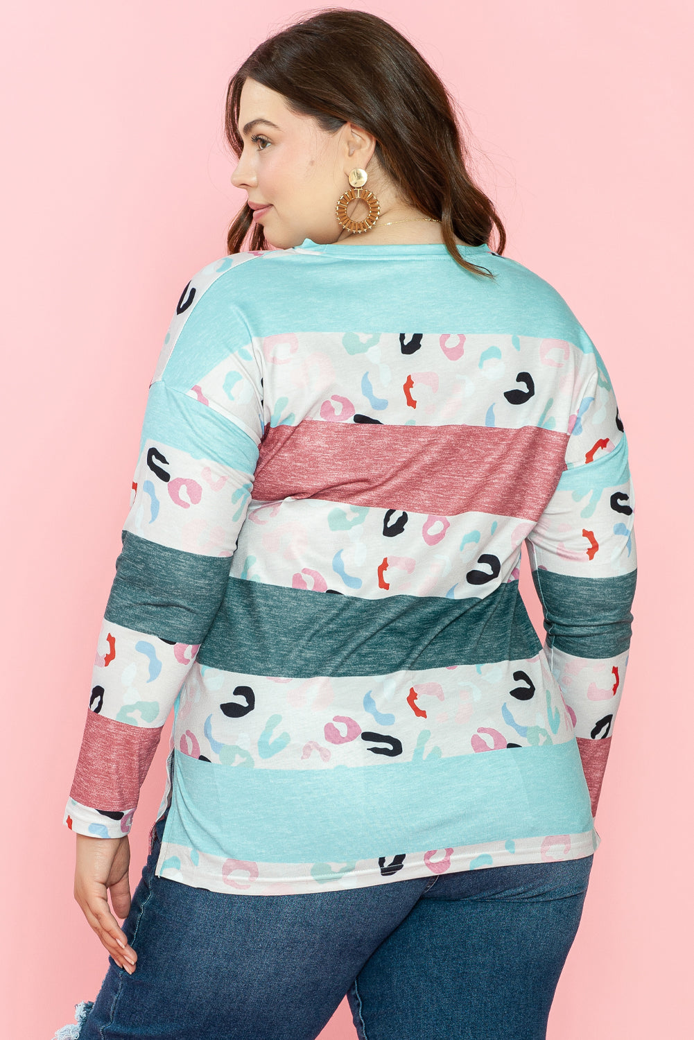 Sky Blue Stripe Plus Size Colorblock Pullover Top