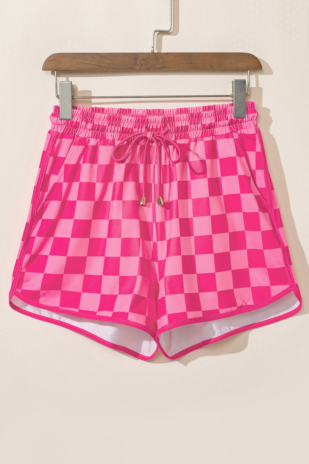 Rose Checkered Drawstring Elastic Waist Casual Shorts