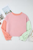 Multicolour Corded Colorblock Patchwork Drop Shoulder Long Sleeve Top