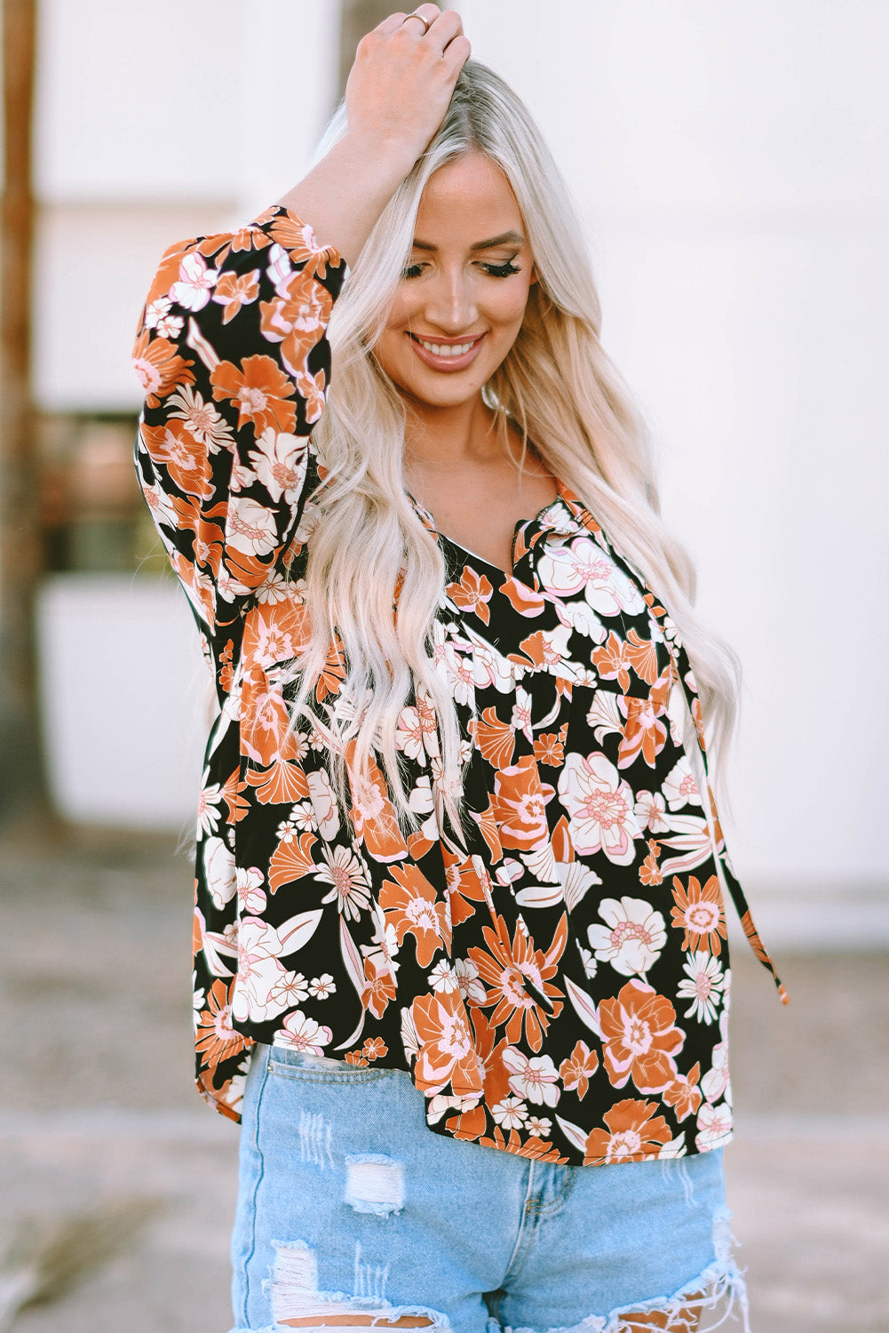 Brown Floral Print 3/4 Sleeve Babydoll Blouse