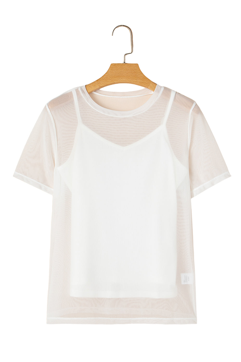 White Solid Color Sheer Mesh Patchwork Short Sleeve Top