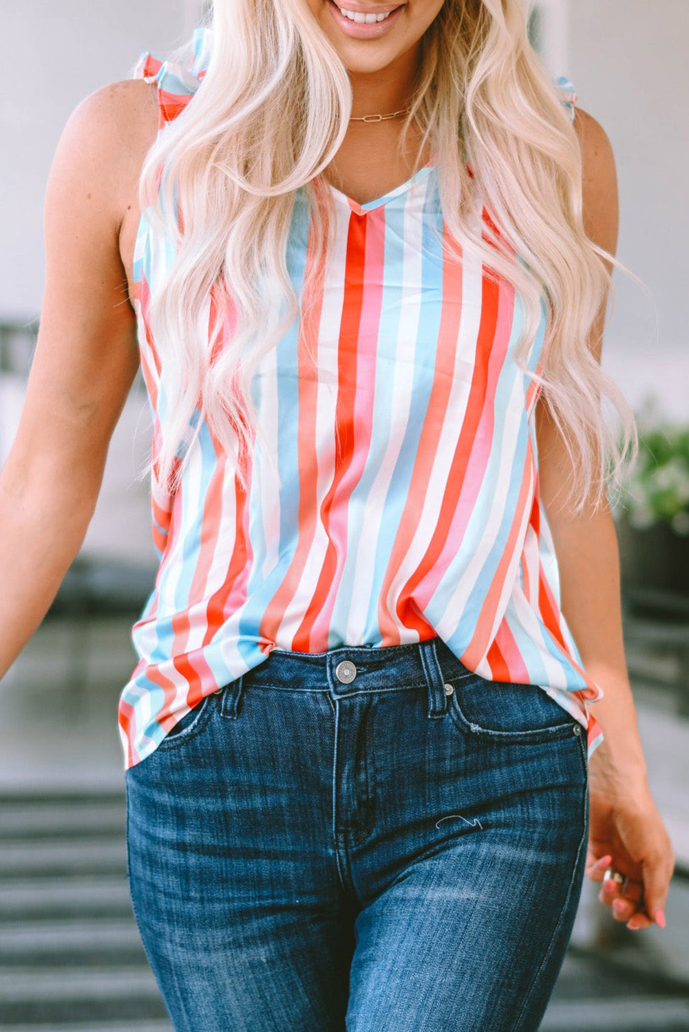 Multicolor Striped V Neck Ruffle Straps Tank Top