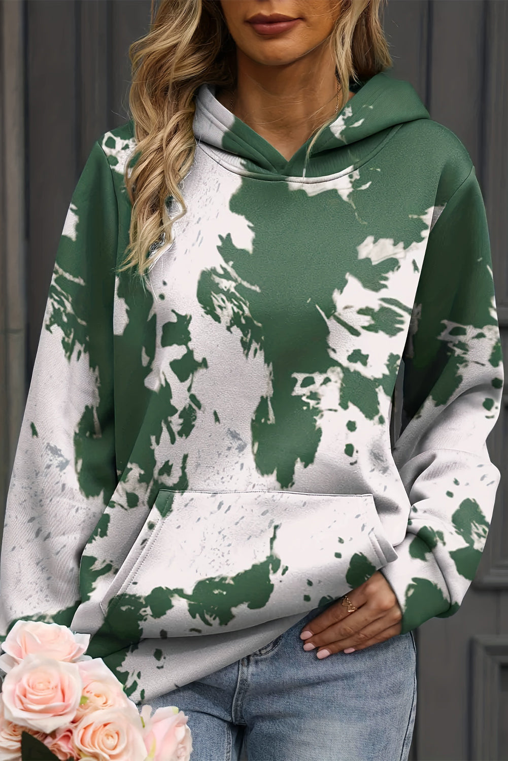 Green Tie Dye Print Kangaroo Pocket Loose Hoodie