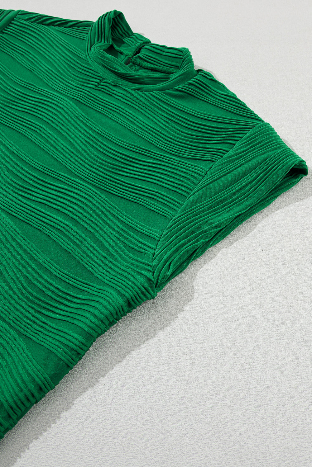 Dark Green Wavy Textured Mock Neck Cap Sleeve Top