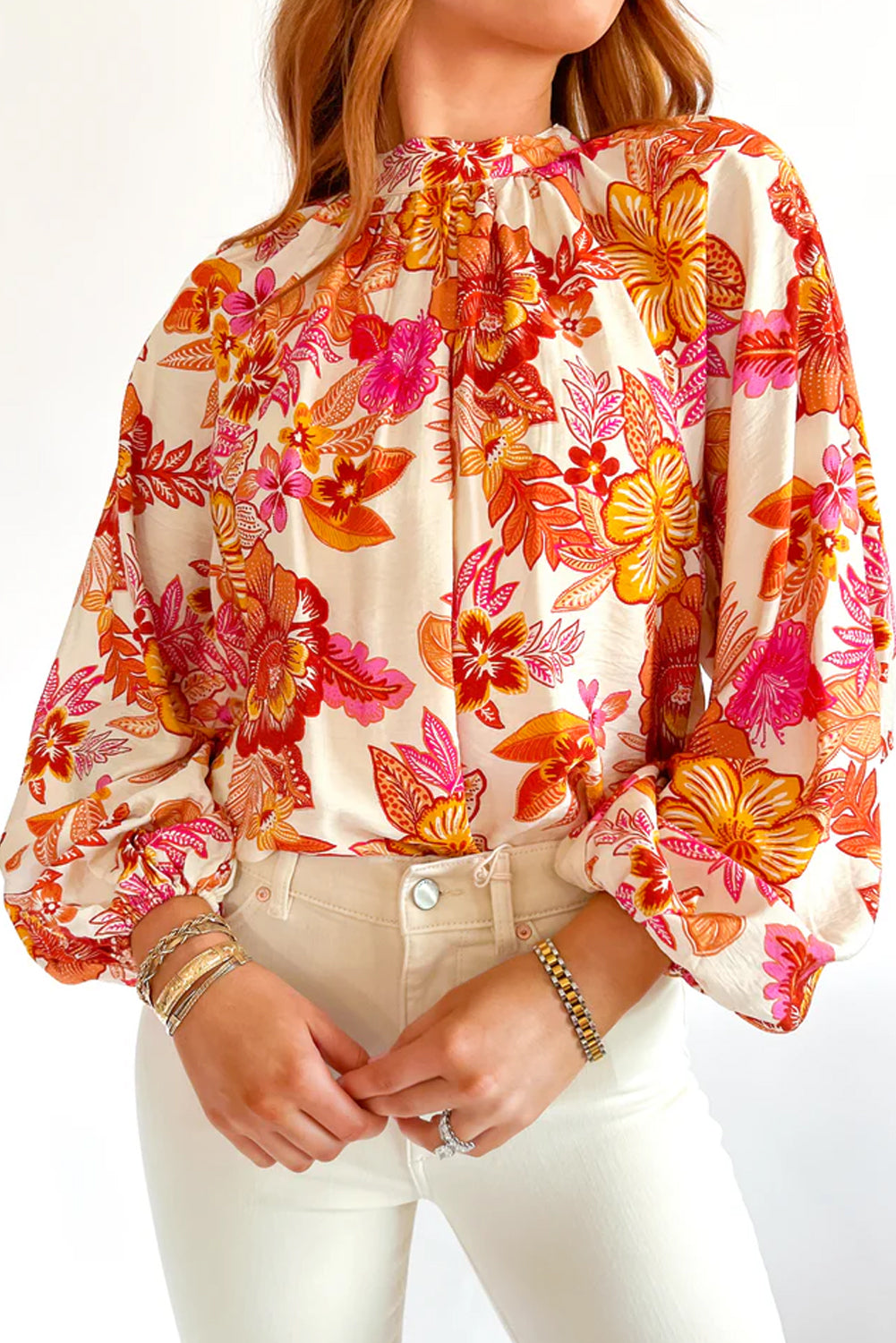 Orange Floral Print Pearl Button Keyhole Long Puff Sleeve Blouse