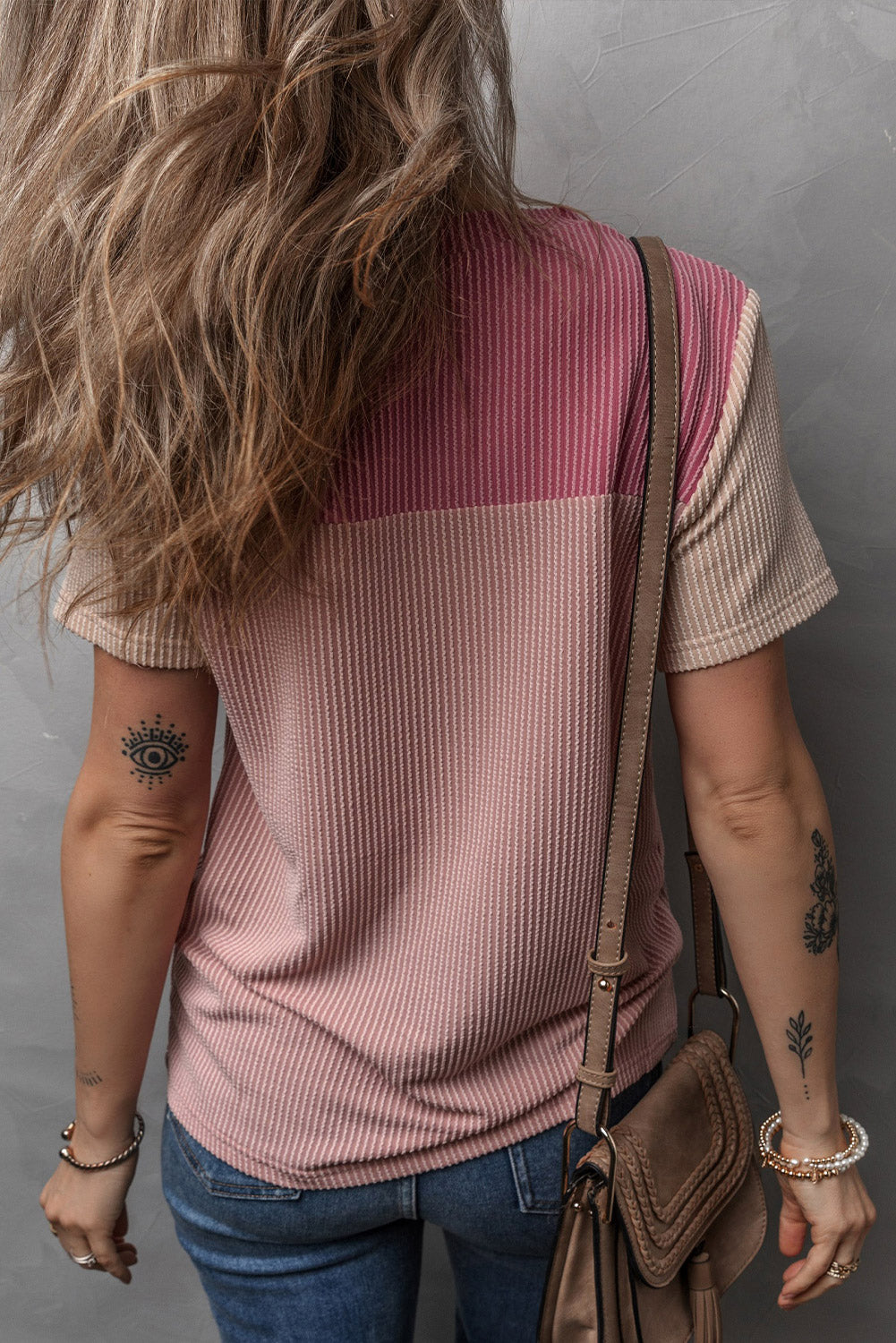 Pink Rib Textured Colorblock T Shirt