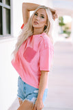 Pink Acid Wash Lace Patch Pocket T-Shirt