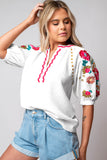 White Floral Embroidered Ricrac Puff Sleeve Textured Blouse