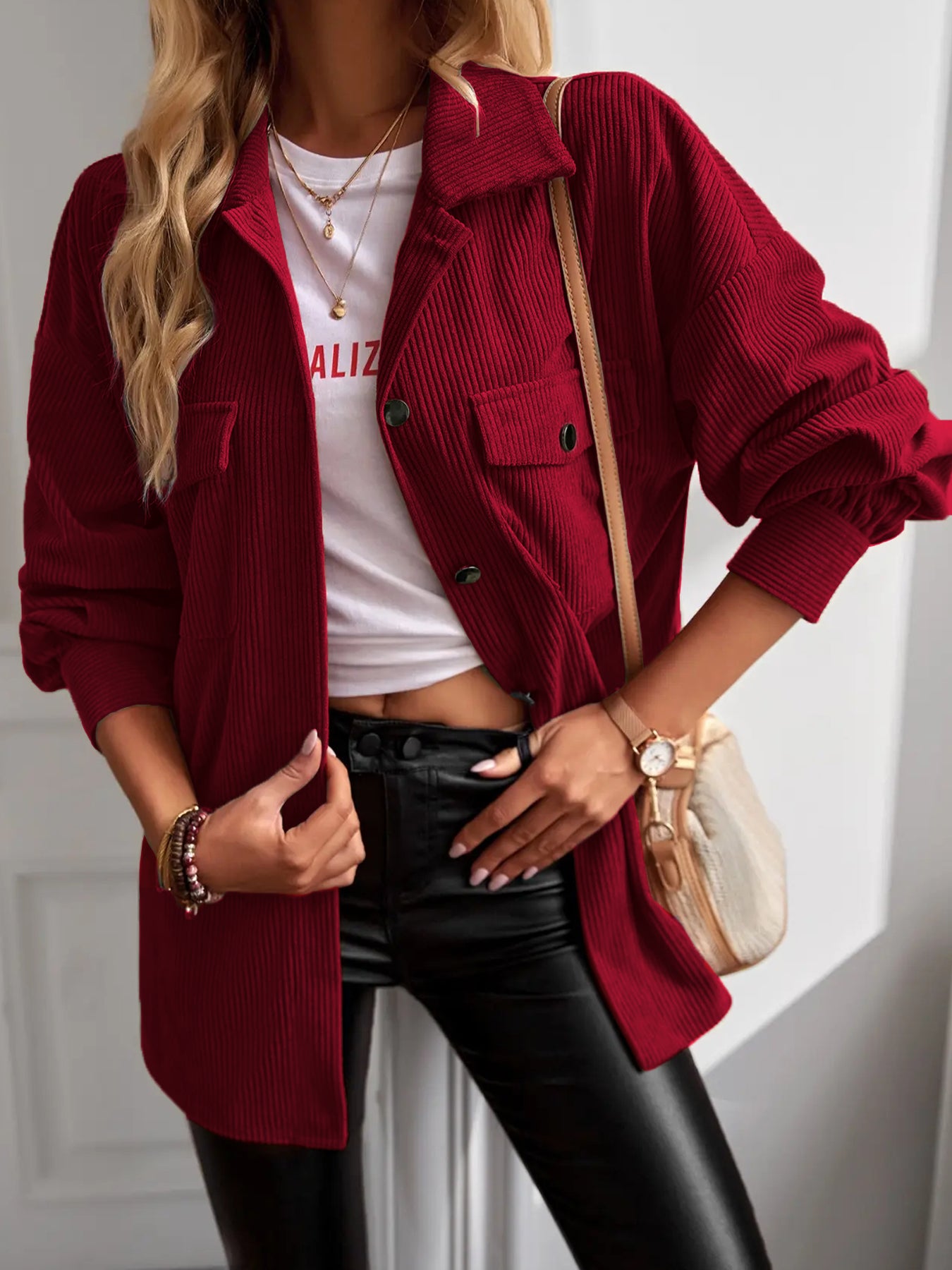 Women Casual Coat Long Sleeve Shacket Shirts Jacket with Pockets