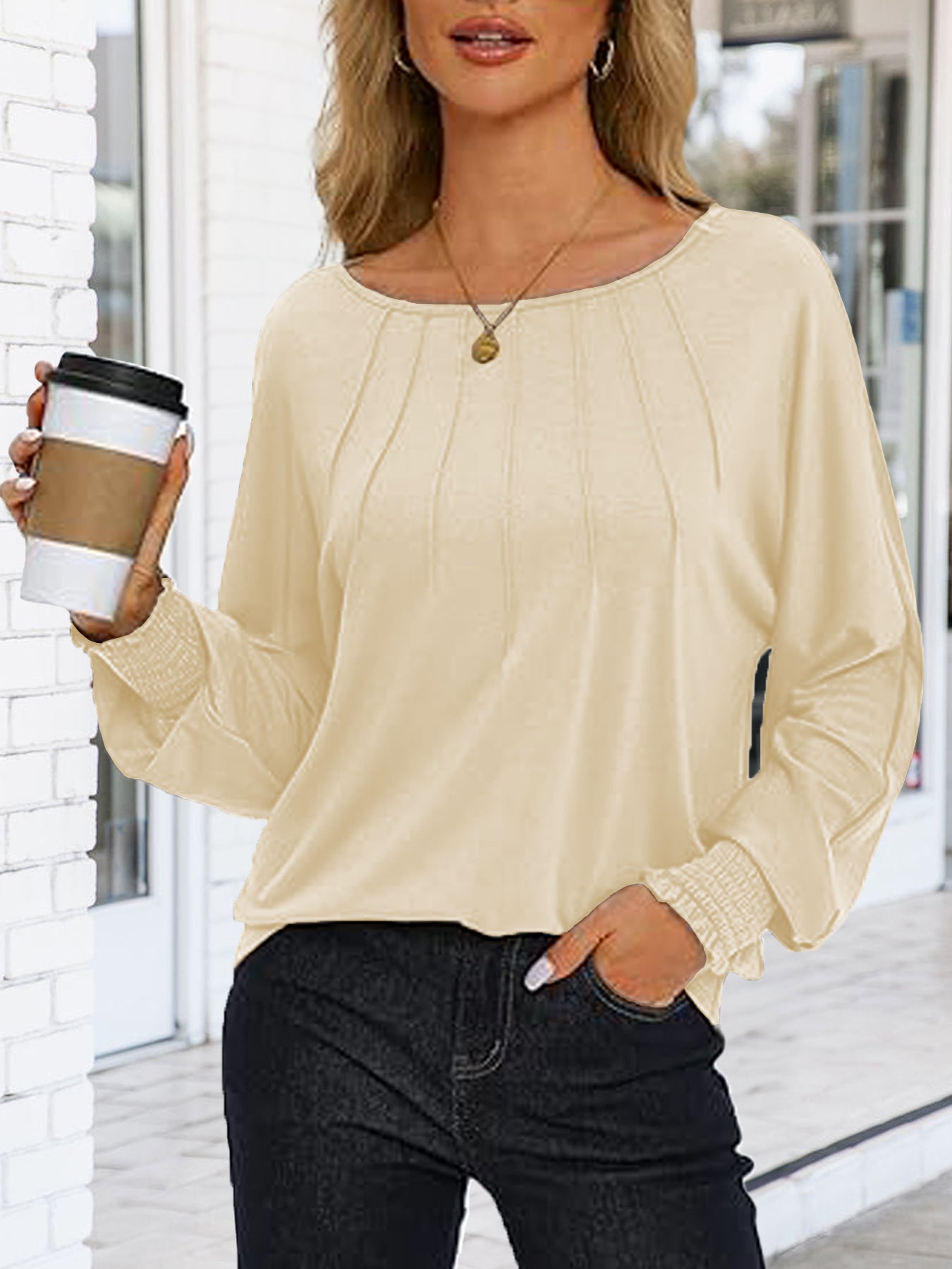 Women's Tunic Tops Pleated Crew Neck Shirts