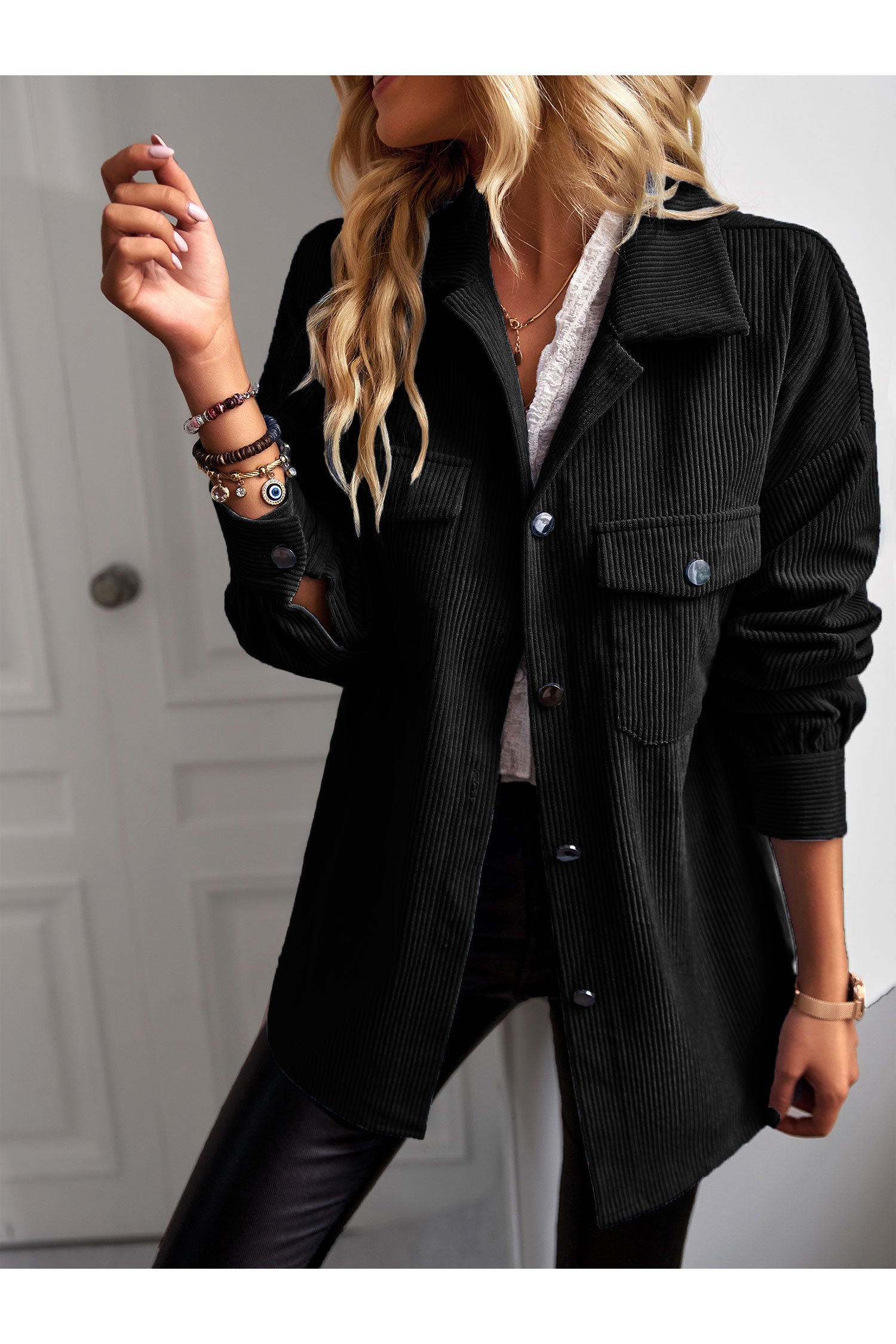 Women Casual Coat Long Sleeve Shacket Shirts Jacket with Pockets