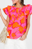 Rose Floral Ruffled Trim Flutter Sleeve Summer Top