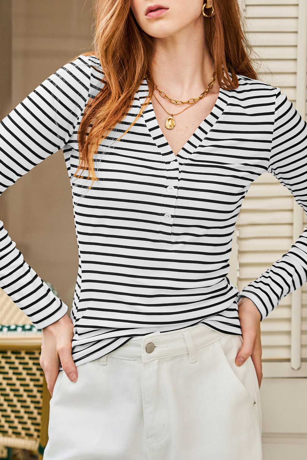 White Stripe Slim Fit Buttoned V Neck Long Sleeve T Shirt