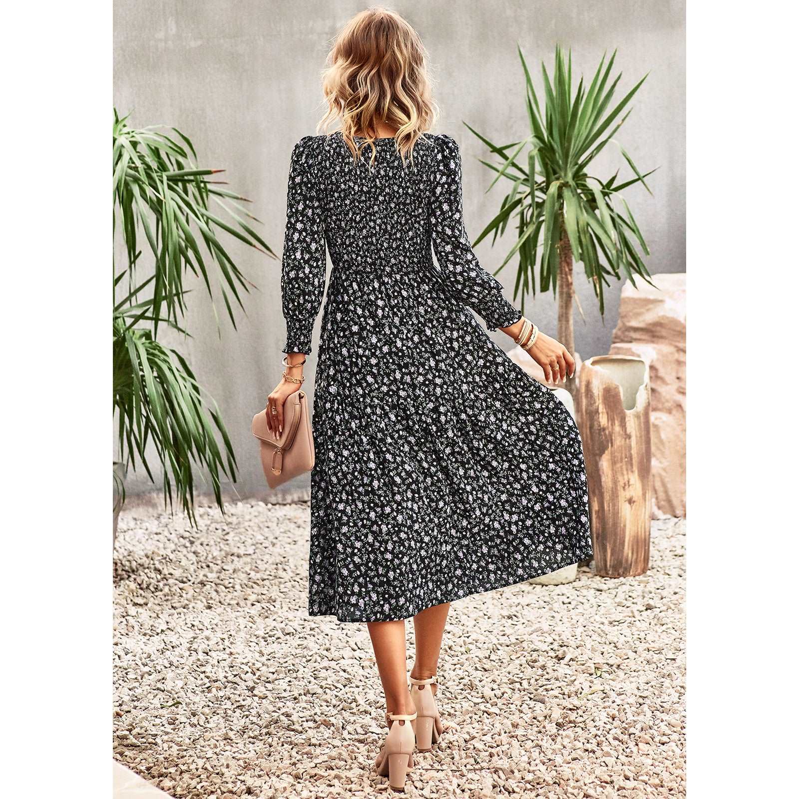 Women's Casual Long Sleeve Floral Dress Crewneck A-Line Mid Length Dress