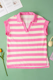 Pink Stripe V Neck Collared Cap Sleeve Top