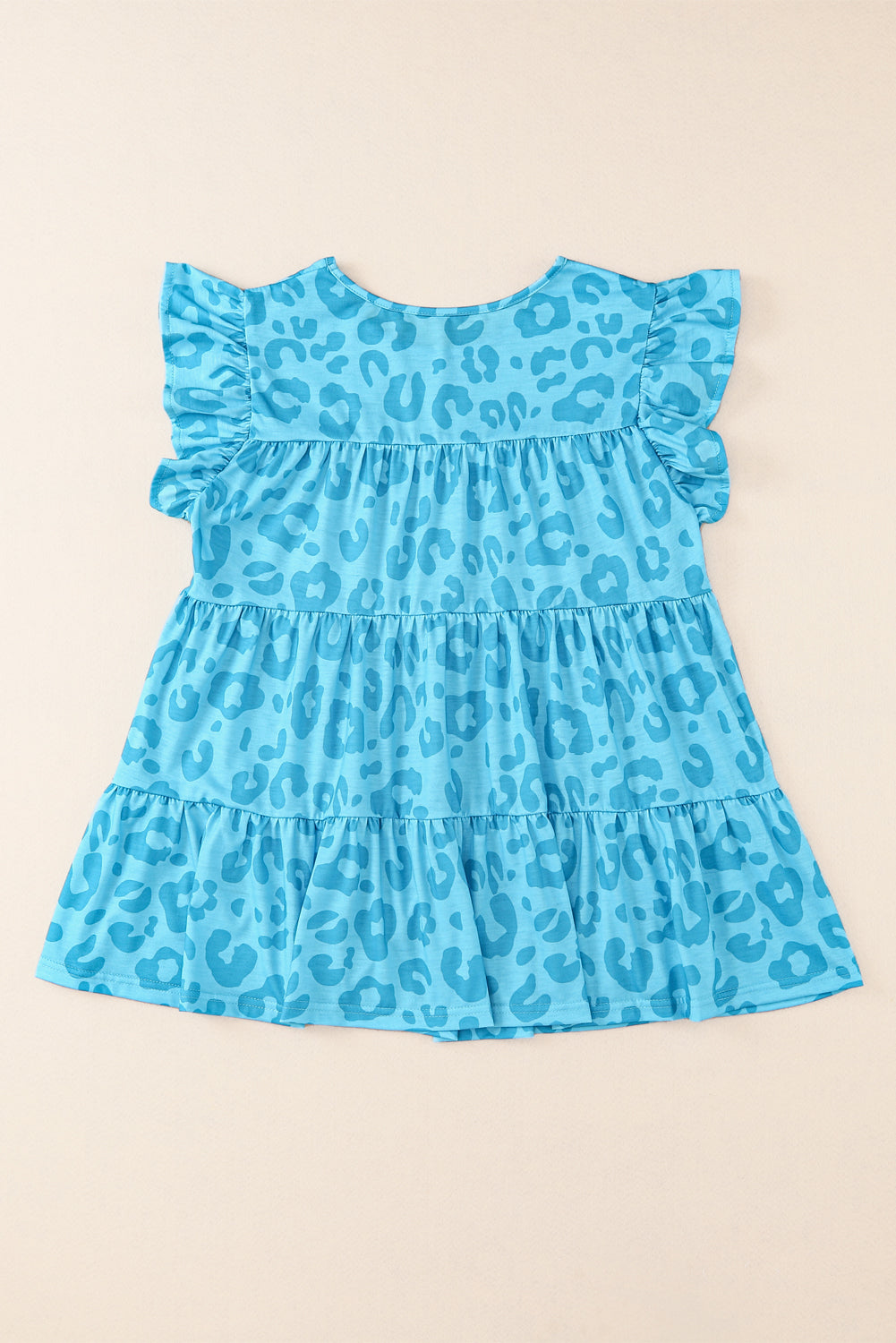 Sky Blue Leopard Print Flutter Sleeve Tiered Tank Top