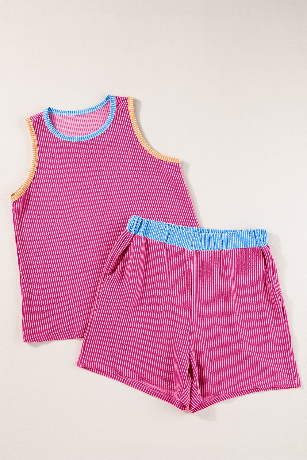 Bright Pink Corded Contrast Trim Sleeveless Top and Shorts Set