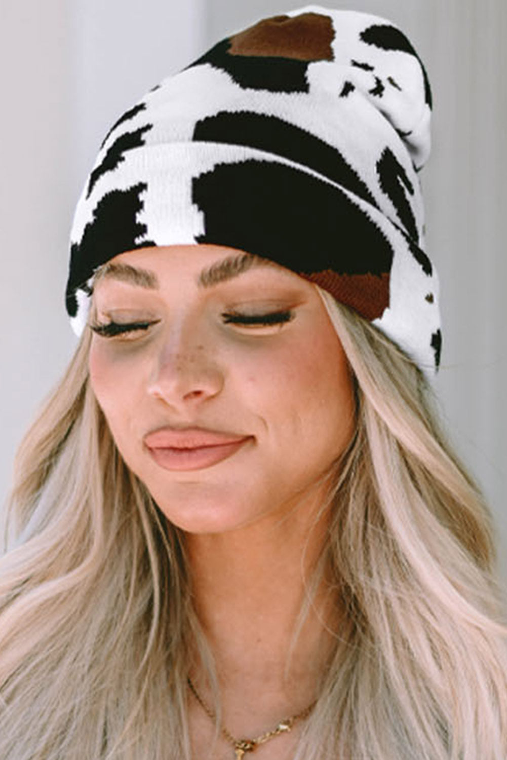 Black Cow Spots Printed Warm Beanie Hat