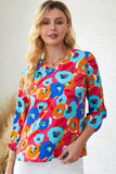 Rose Multicolor Floral Print V Neck 3/4 Sleeve Blouse