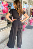 Black Slim Fit Crop Top and Pleated Wide Leg Pants Set