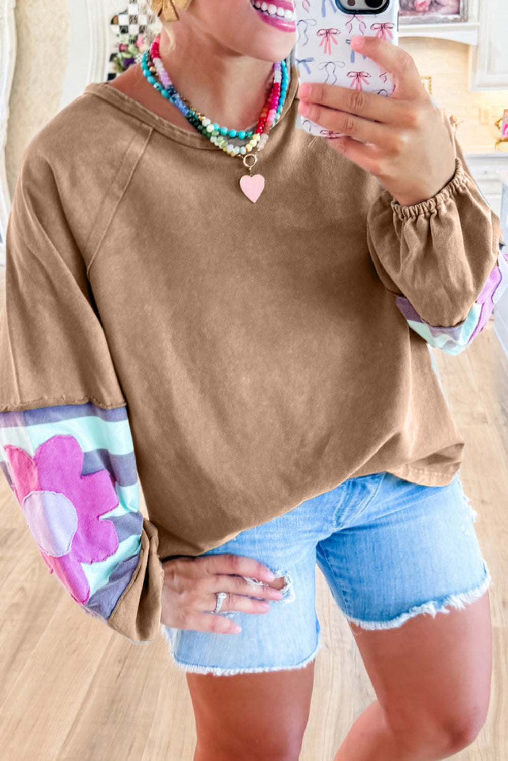 Dune Flower Patchwork Raglan Sleeve Exposed Seam Oversized Top