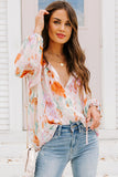 Multicolor Abstract Print Split Neck Puff Sleeve Blouse