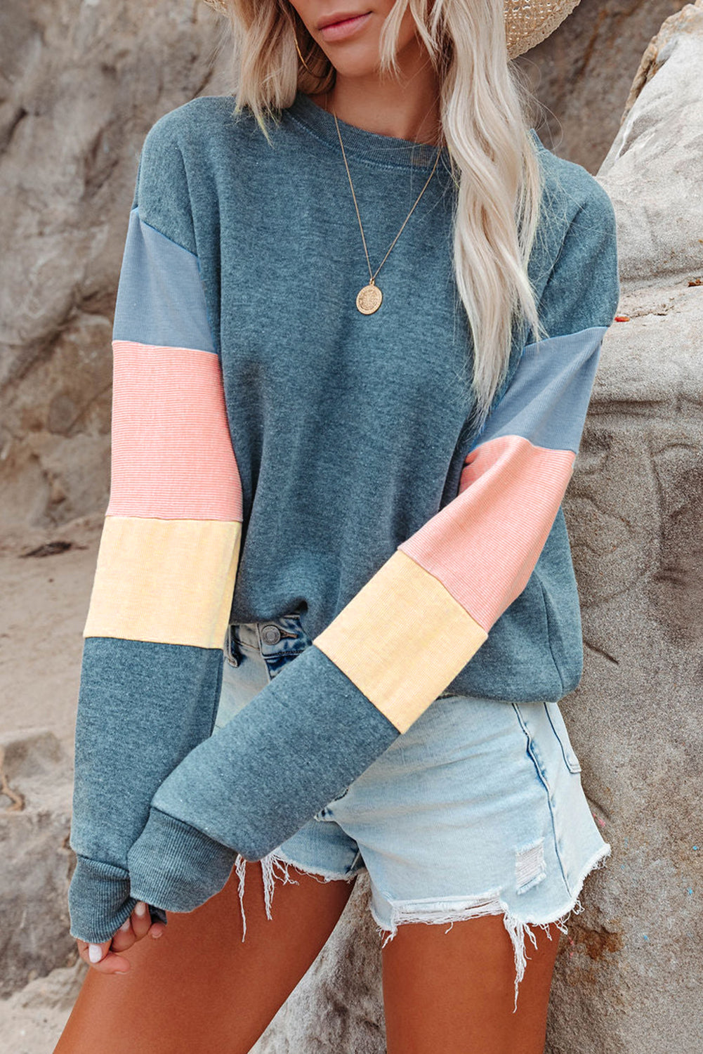 Blue Colorblock Long Sleeve Pullover Sweatshirt