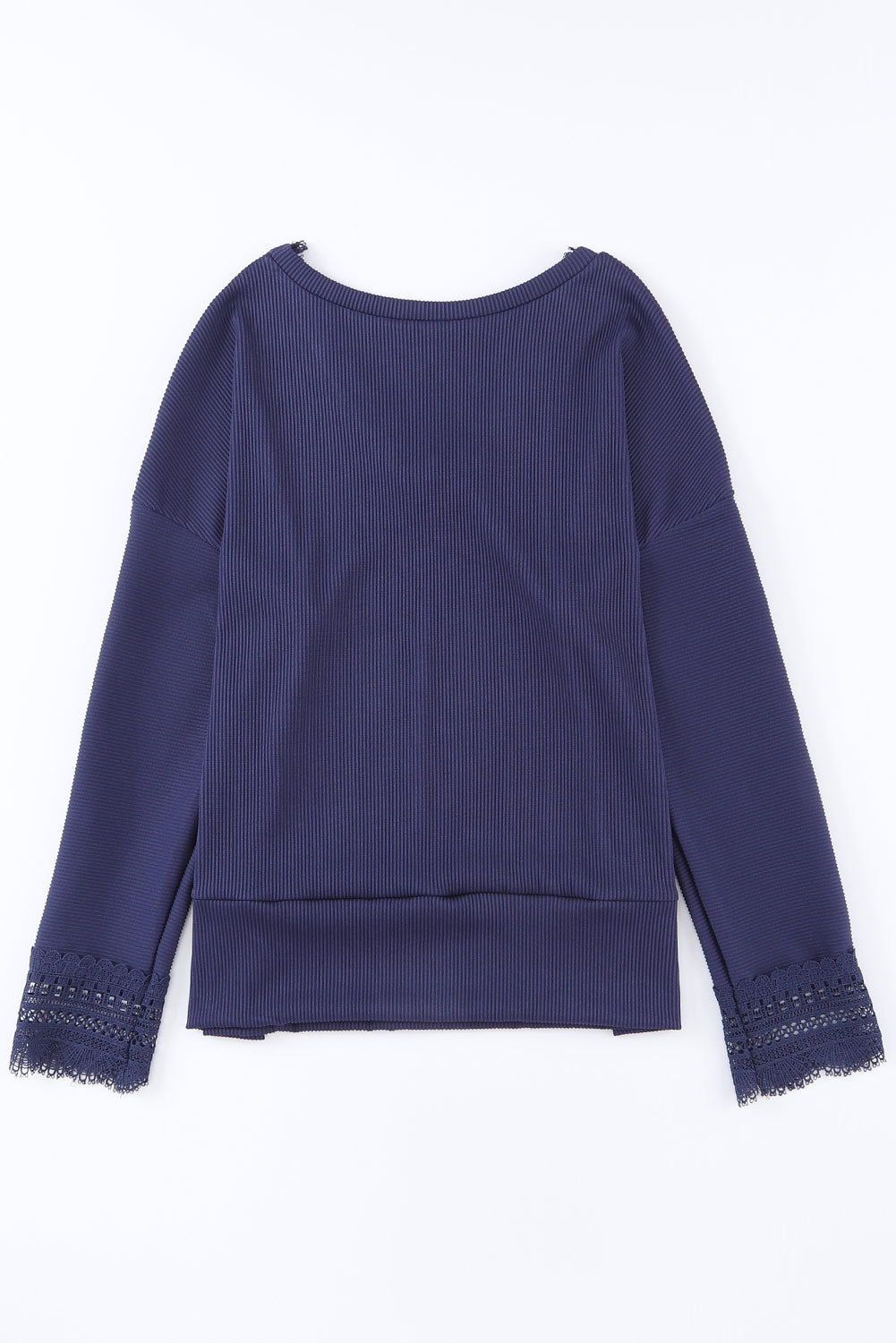 Blue Ribbed Texture Lace Trim V Neck Long Sleeve Top