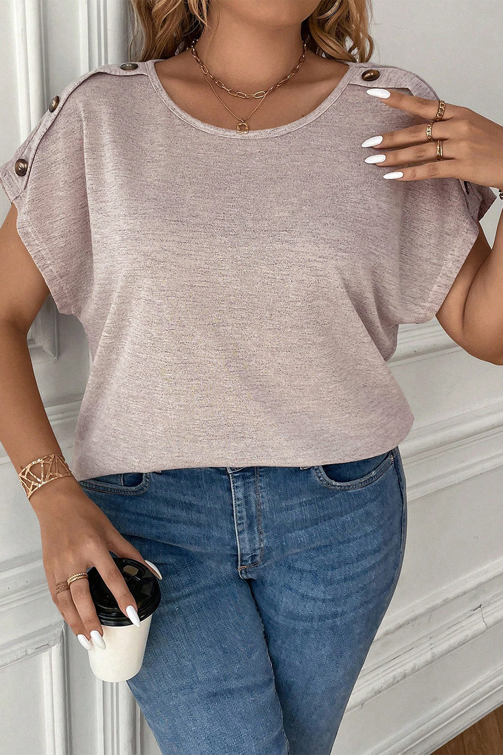 Delicacy Plus Size Button Detail Batwing Sleeve Tee