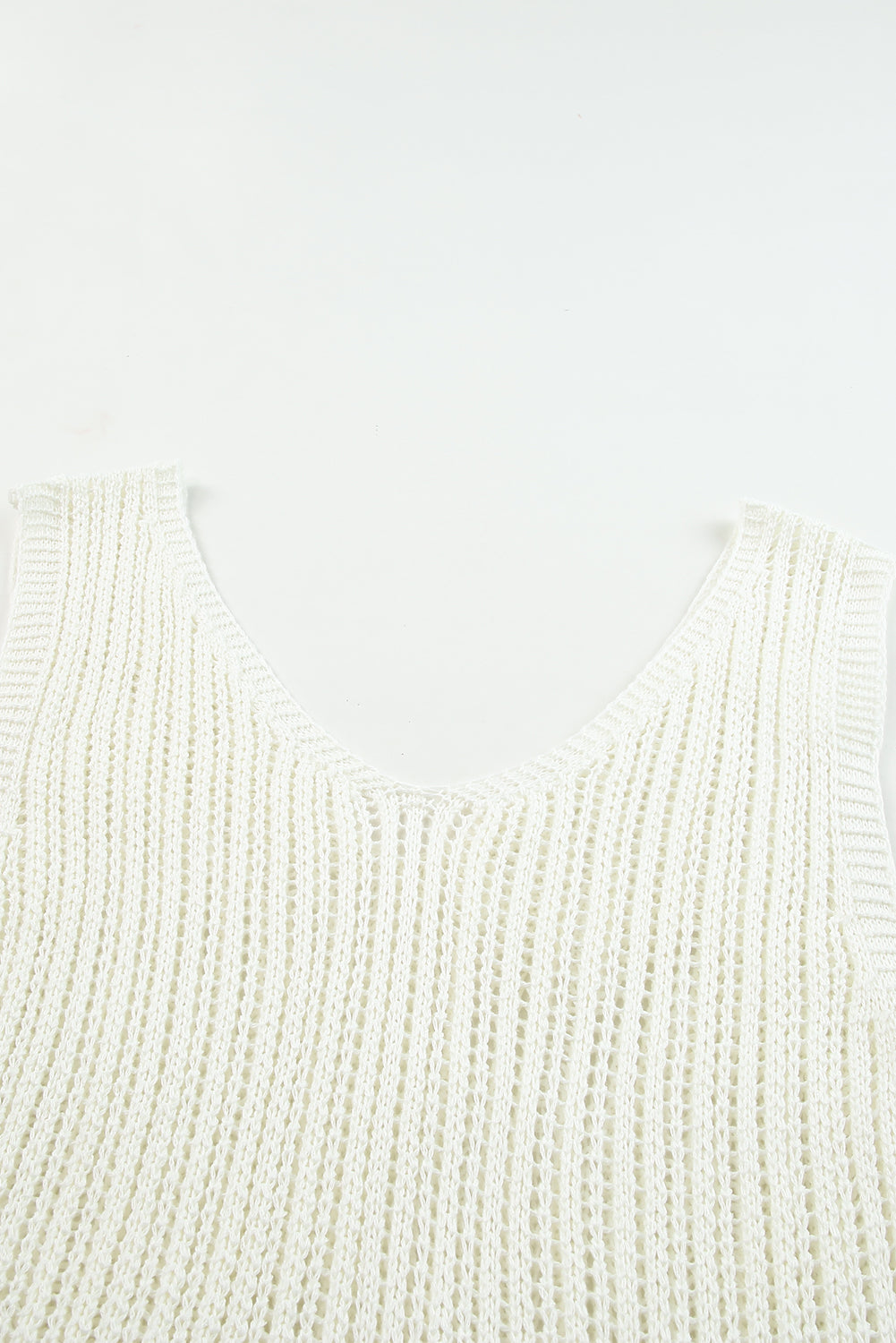 White Hollowed Knit V Neck Tank Top