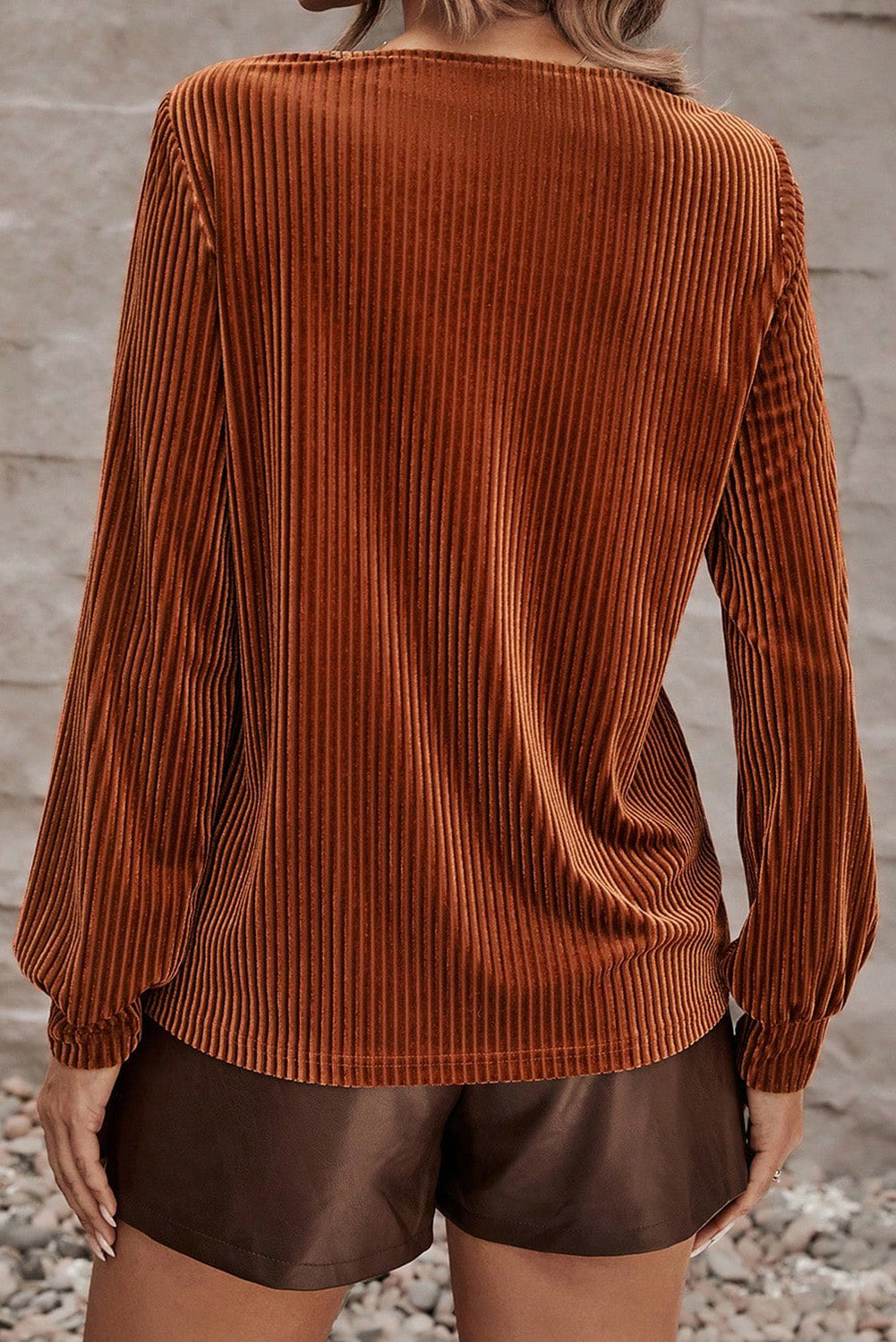 Chestnut Half Zip V Neck Ribbed Velvet Top