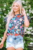 Green Trimmed Ruffle Sleeve Summer Floral Blouse