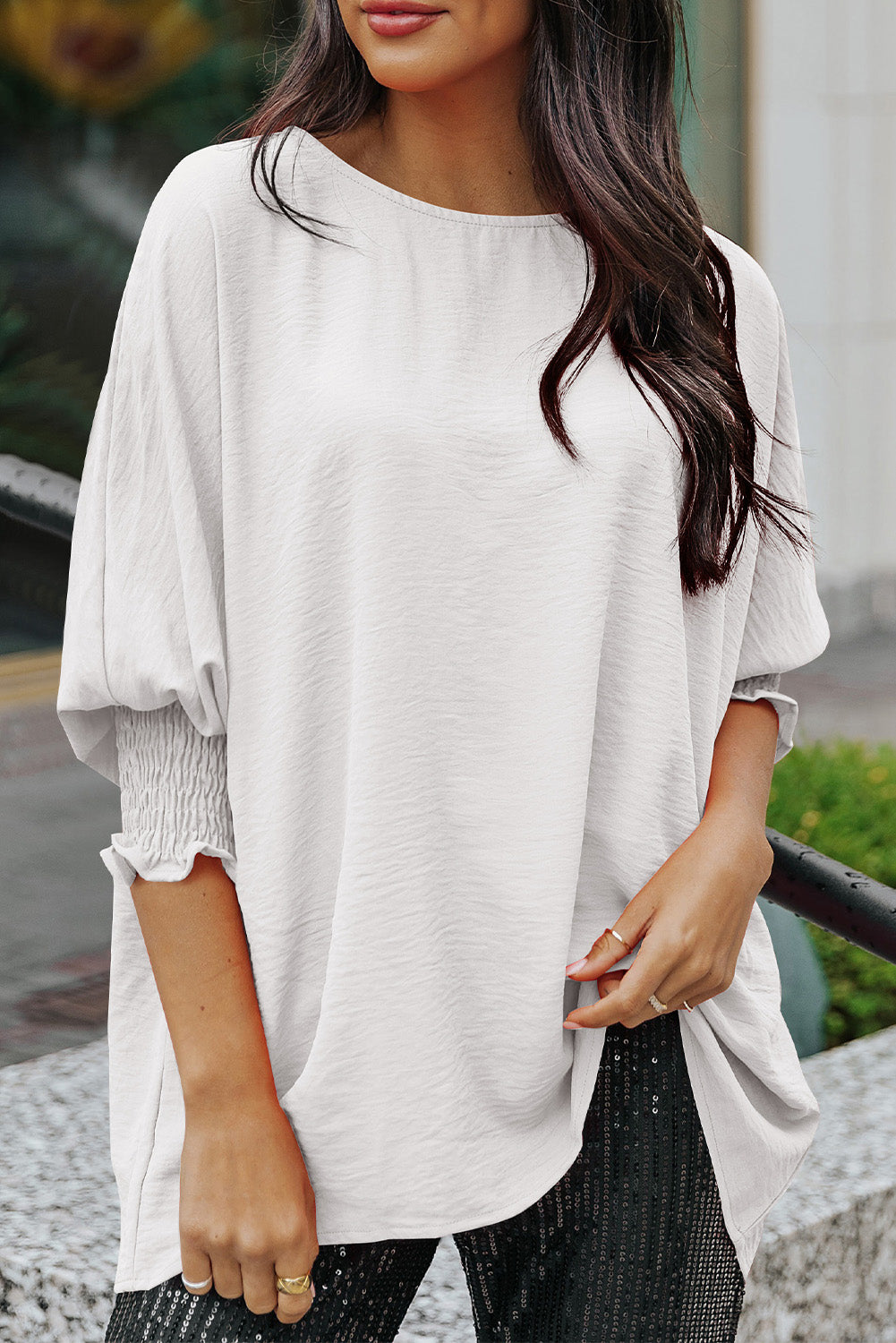 White Smocked Wrist Shift Top