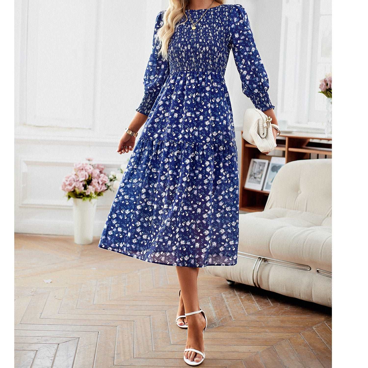 Women's Casual Long Sleeve Floral Dress Crewneck A-Line Mid Length Dress