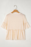 Beige Solid Color Textured Ruffled Short Sleeve Blouse