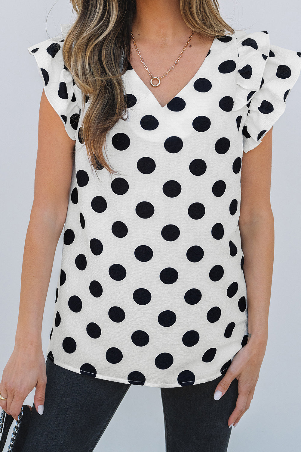 White Polka Dot Print Ruffled Sleeve V Neck Blouse