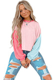 Pink Corded Colorblock Patchwork Drop Shoulder Long Sleeve Top