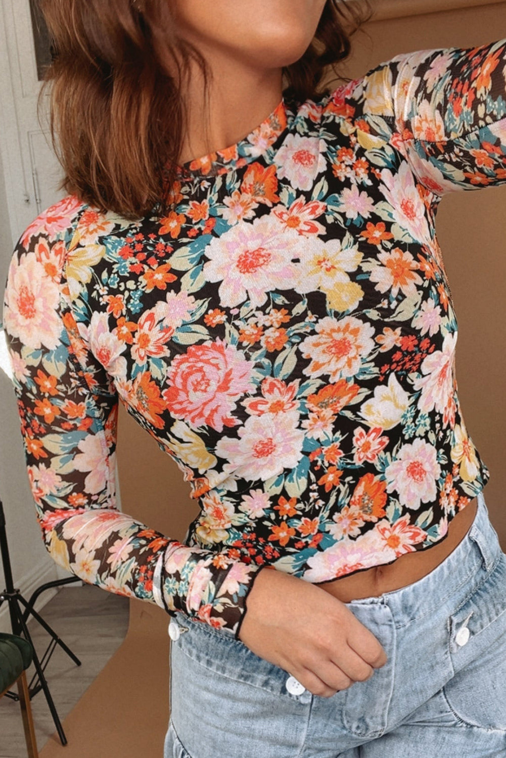 Orange Floral Mesh Slim Long Sleeve Crop Top