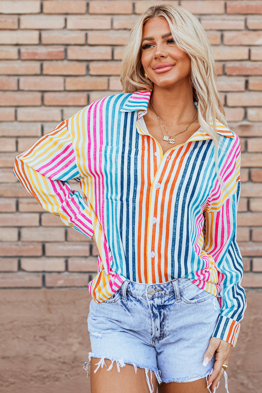 Orange Stripe Multicolor Drop Shoulder Loose Shirt