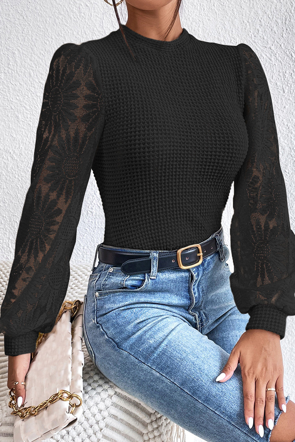 Black Sunflower Mesh Bubble Sleeve Waffle Knit Top