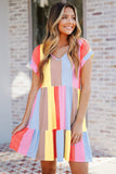 Fiery Red Multicolor Striped Color Block Tiered Mini Dress