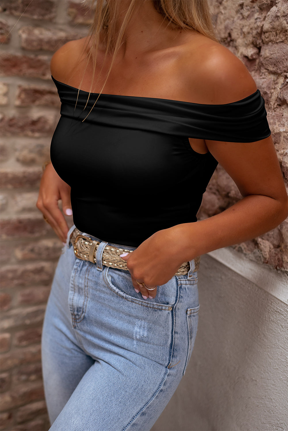 Black Folded Off Shoulder Slim Top