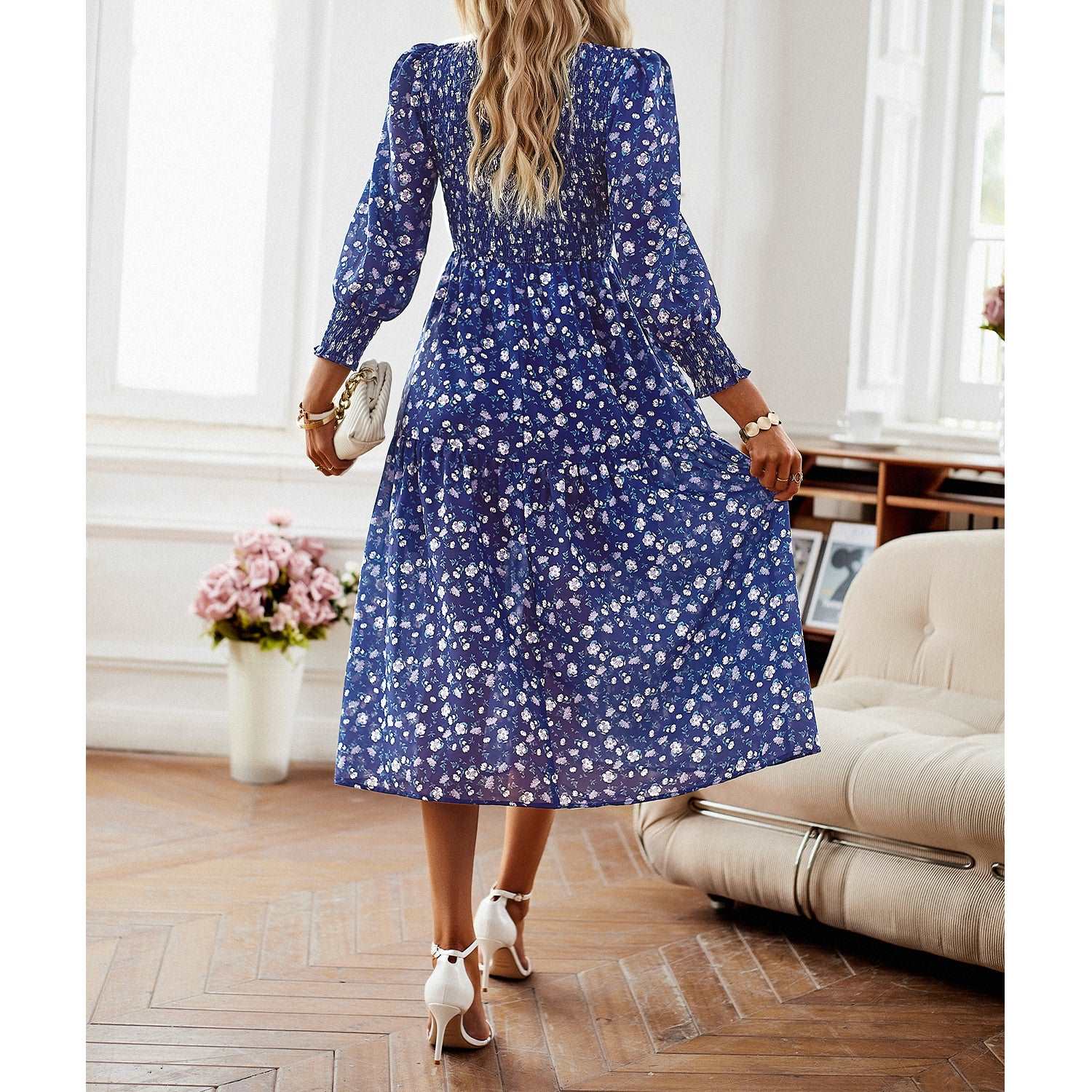 Women's Casual Long Sleeve Floral Dress Crewneck A-Line Mid Length Dress